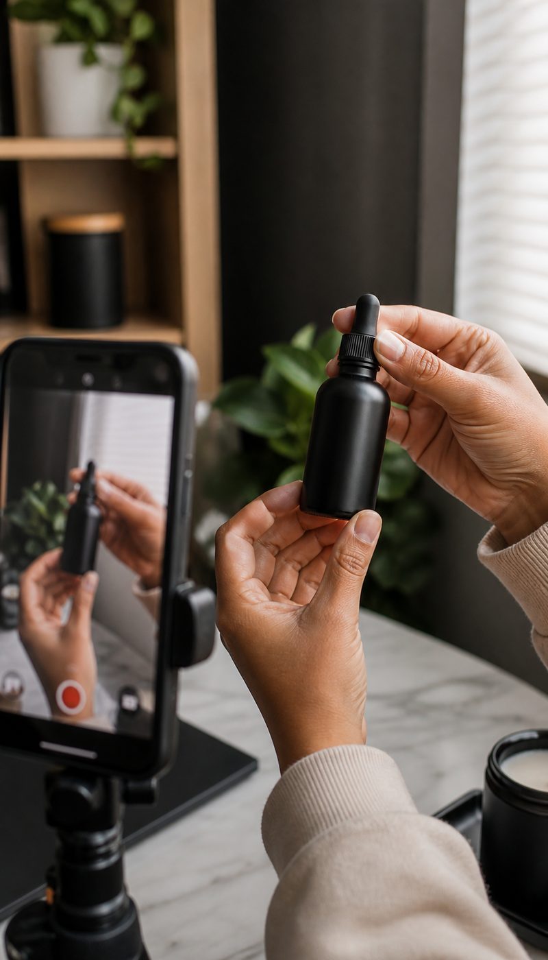 A creator filming a product review of a brand's product